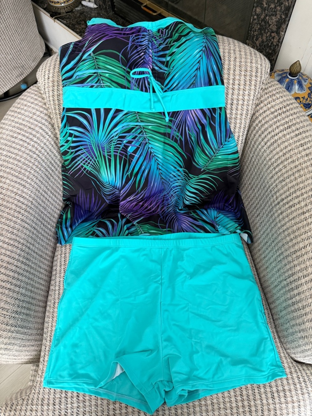 Women’s Tropical Teal Palm-Print Tankini two Piece with Teal Swim Shorts